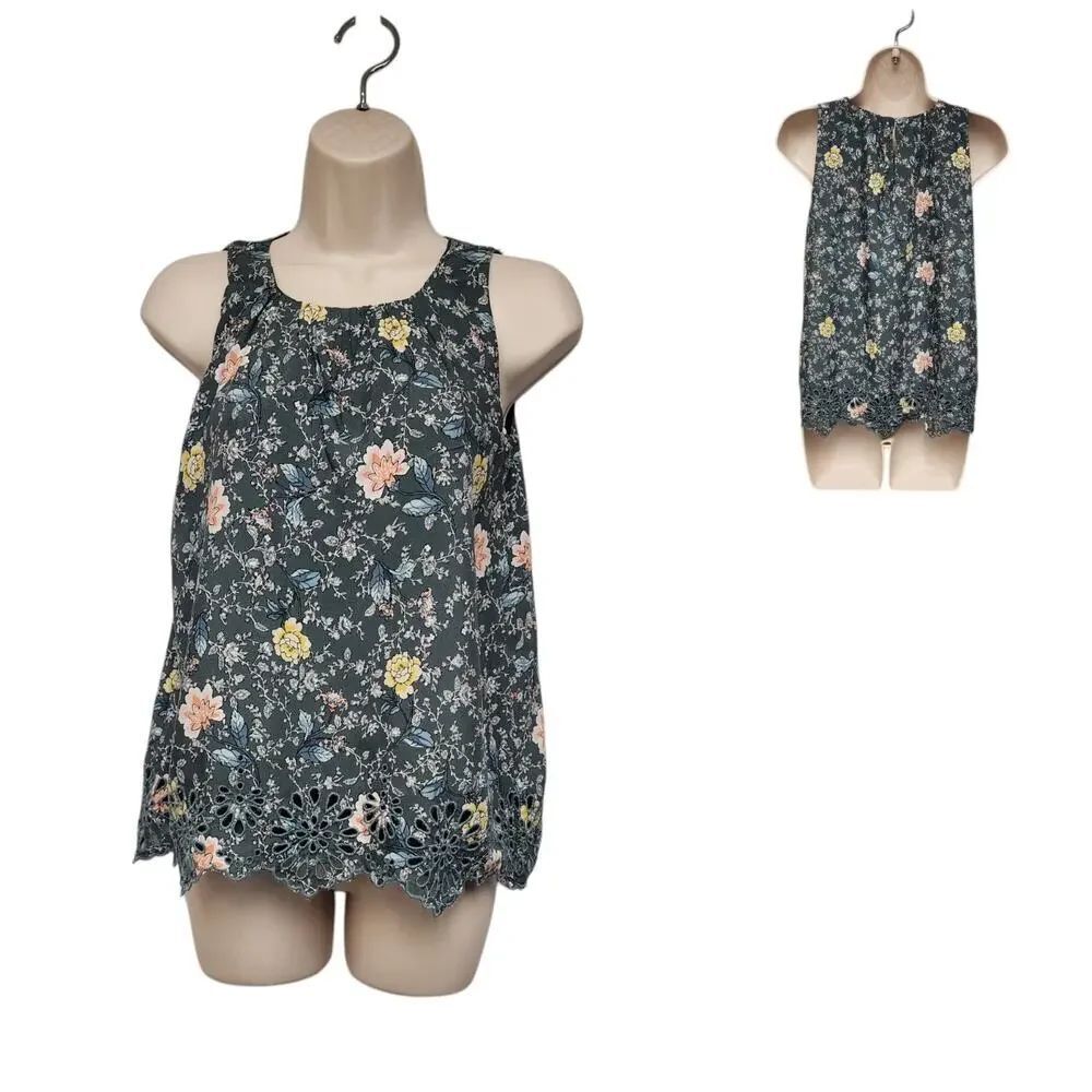 Loft Pleated Lace Hem Floral Multicolor Green Sleeveless Top Blouse Size XS
